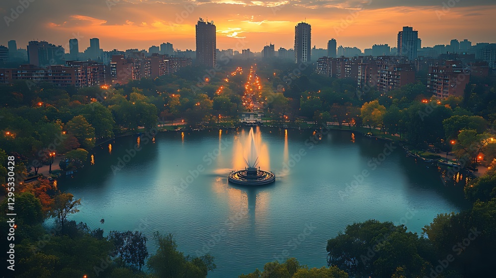 Naklejka premium City park sunrise fountain aerial view