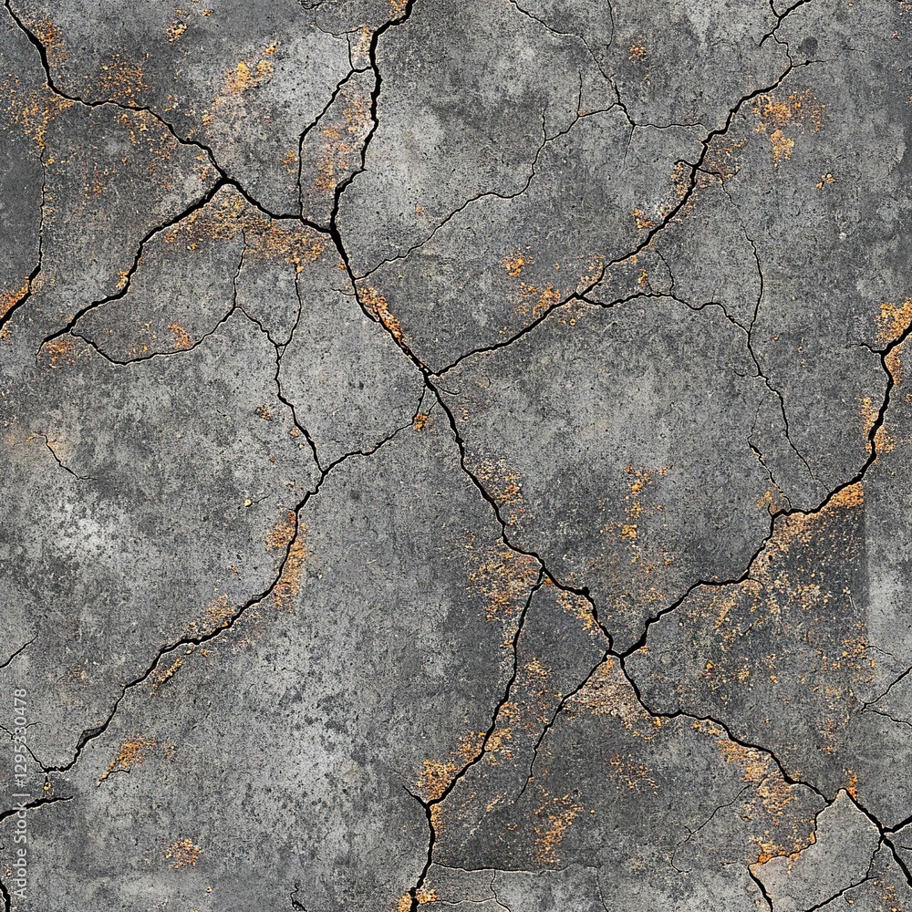 Obraz premium Seamless pattern, pattern, minimalistic texture of cracked light gray stone, cracks on gray concrete with gold flecks, decorative stone texture with gold highlights