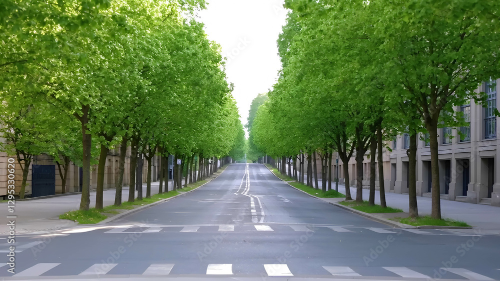 Pedestrians walking on a car-free street lined with trees, promoting a sustainable city lifestyle Pedestrians walking on a car-free street lined with trees, promoting a sustainable city lifestyle