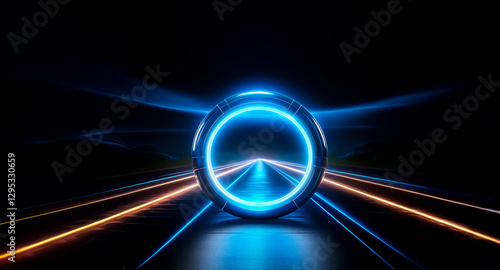 A glowing blue ring dominates a dark space, with streaks of orange and blue lights emanating outwards, creating a sense of depth and motion in an abstract, futuristic design.