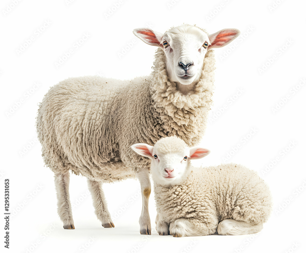 Charming Studio Portrait of a Mother Sheep and Her Lamb, Emphasizing the Tender Bond and the Purity of Farm Animals on a Clean White Background for Various Uses Charming Studio Portrait of a Mother Sheep and Her Lamb, Emphasizing the Tender Bond and the Purity of Farm Animals on a Clean White Background for Various Uses