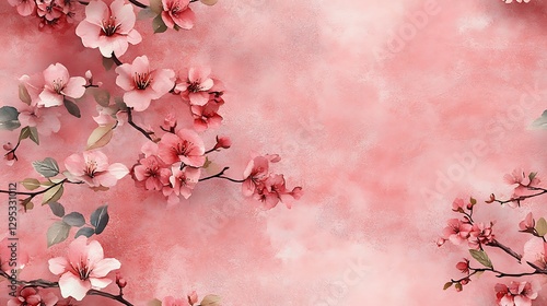 A romantic watercolor artwork of cherry blossom branches intertwined with elegant vines, painted in soft pink and muted green tones on a dusty pink canvas, with a serene and timeless charm.