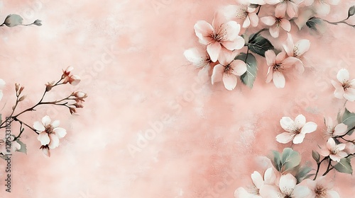 A romantic watercolor artwork of cherry blossom branches intertwined with elegant vines, painted in soft pink and muted green tones on a dusty pink canvas, with a serene and timeless charm.