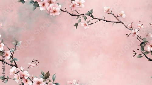 A romantic watercolor artwork of cherry blossom branches intertwined with elegant vines, painted in soft pink and muted green tones on a dusty pink canvas, with a serene and timeless charm.