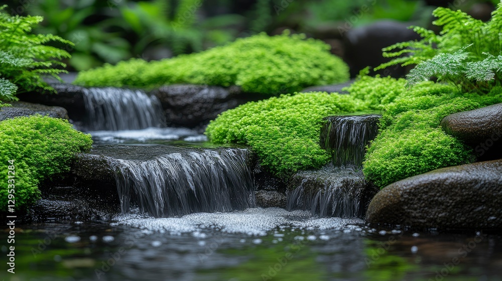 Serene Waterfall in Lush Green Moss Garden Serene Waterfall in Lush Green Moss Garden