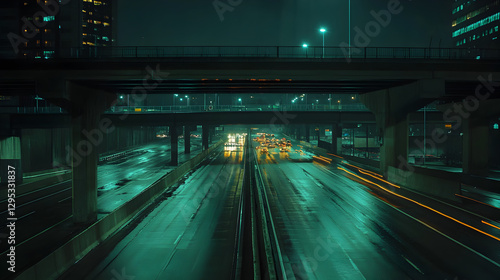 night-vision security camera shot of an empty highway overpass with occasional traffic passing by  photo