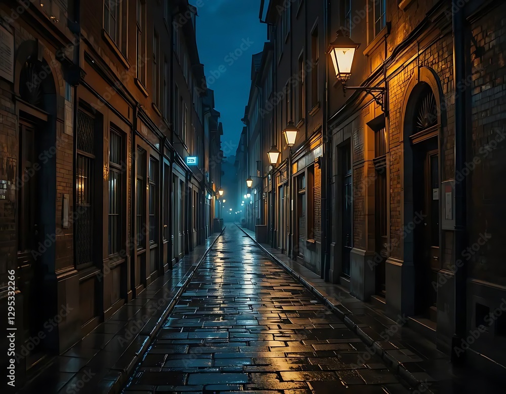 Fototapeta premium Cobblestone Lane: A Nocturnal Street Scene in Moody Lighting