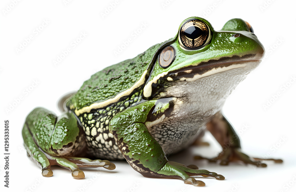 Obraz premium Close-up Portrait of a Green Frog, Revealing Its Textured Skin and Captivating Golden Eyes on a Clean White Background, Creating a Striking and Detailed Image