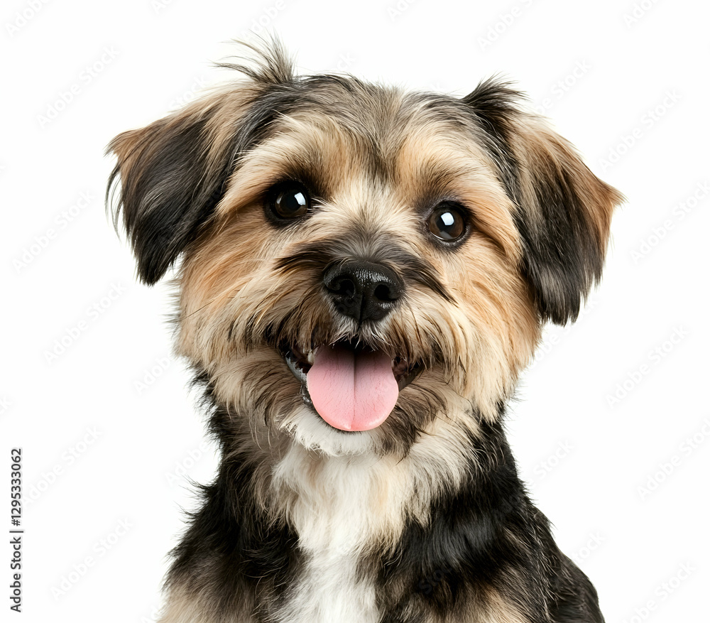 Close-up Portrait of a Happy and Adorable Yorkshire Terrier Mix Breed Dog Against White Background, Showing Tongue and Expressing Joy and Playfulness Close-up Portrait of a Happy and Adorable Yorkshire Terrier Mix Breed Dog Against White Background, Showing Tongue and Expressing Joy and Playfulness