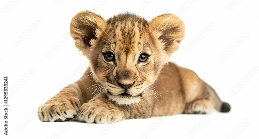 Close-Up Portrait of a Lion Cub, Innocent Gaze and Playful Charm Captured in Studio Setting on White Background, Showcasing the Beauty of Wildlife Close-Up Portrait of a Lion Cub, Innocent Gaze and Playful Charm Captured in Studio Setting on White Background, Showcasing the Beauty of Wildlife