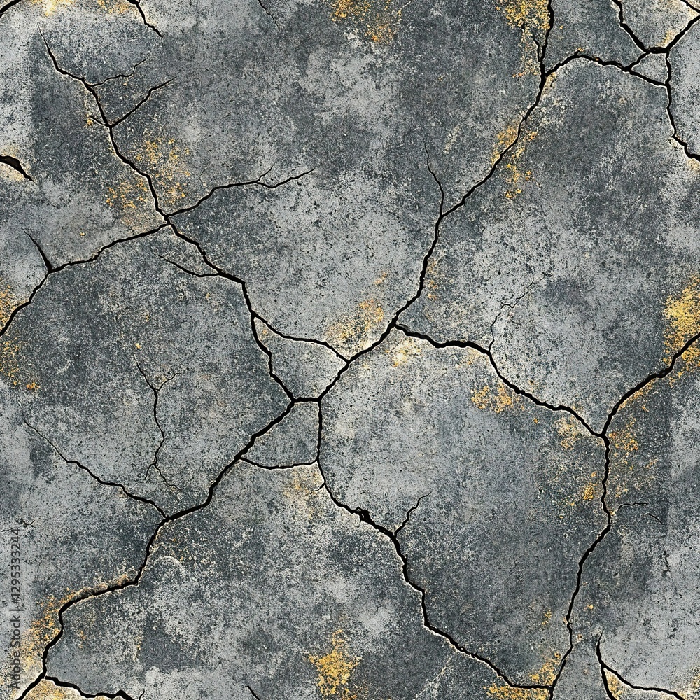 Fototapeta premium Seamless pattern, pattern, minimalistic texture of cracked light gray stone, cracks on gray concrete with gold flecks, old concrete surface with artistic cracks