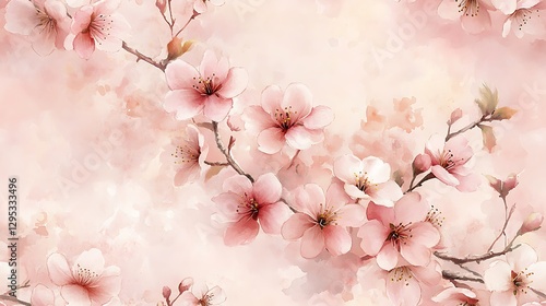 A romantic watercolor painting of cherry blossoms with soft pink petals, gracefully intertwined with delicate vines on a dusty pink background, with fluid brushstrokes and a dreamy aesthetic.