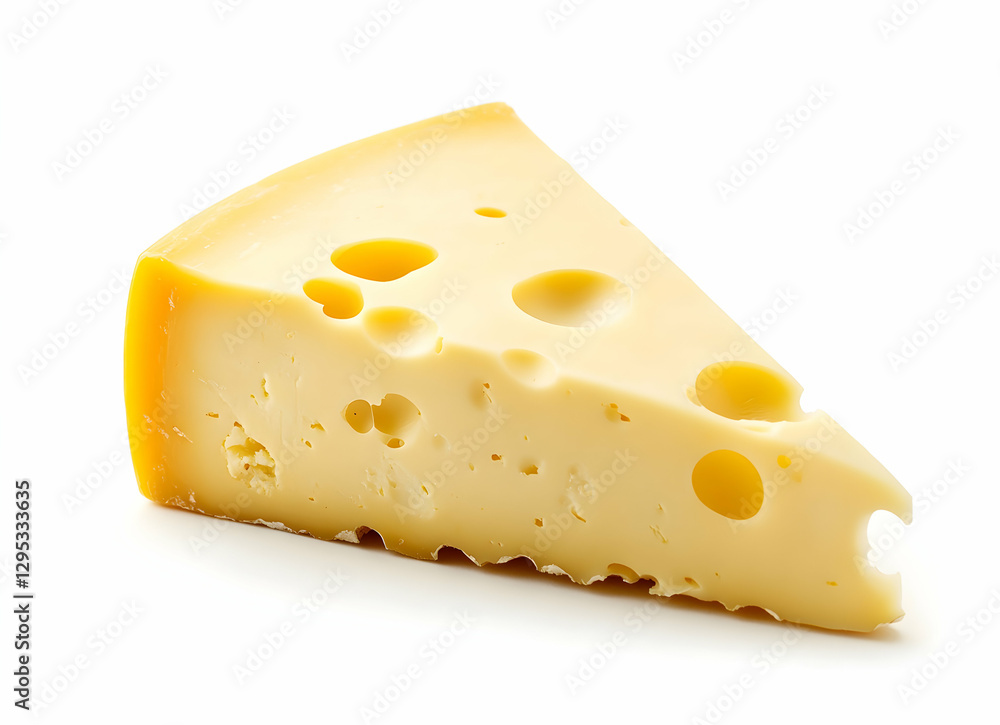 Close-up Shot of a Delicious Triangle Cheese Slice Isolated on White Background, Showcasing its Unique Texture, Holes, and Creamy Color, Perfect for Food and Culinary Purposes Close-up Shot of a Delicious Triangle Cheese Slice Isolated on White Background, Showcasing its Unique Texture, Holes, and Creamy Color, Perfect for Food and Culinary Purposes
