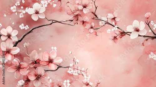 A romantic watercolor painting of cherry blossoms with soft pink petals, gracefully intertwined with delicate vines on a dusty pink background, with fluid brushstrokes and a dreamy aesthetic.