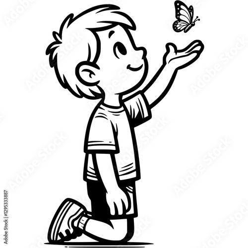 Kind boy releases a butterfly in monochrome. Simple minimalistic vector in black ink drawing on transparent back