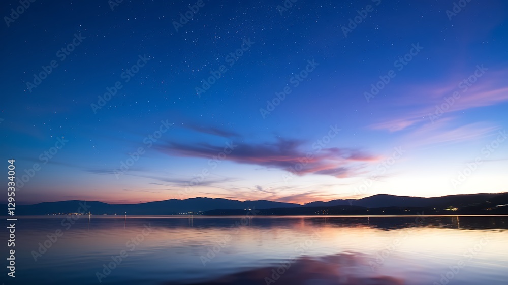 Twilight Serenity: A tranquil twilight scene with a lake mirroring the stunning colors of the evening sky, where shades of blue and pink blend beautifully, creating a serene and mesmerizing view. Twilight Serenity: A tranquil twilight scene with a lake mirroring the stunning colors of the evening sky, where shades of blue and pink blend beautifully, creating a serene and mesmerizing view.