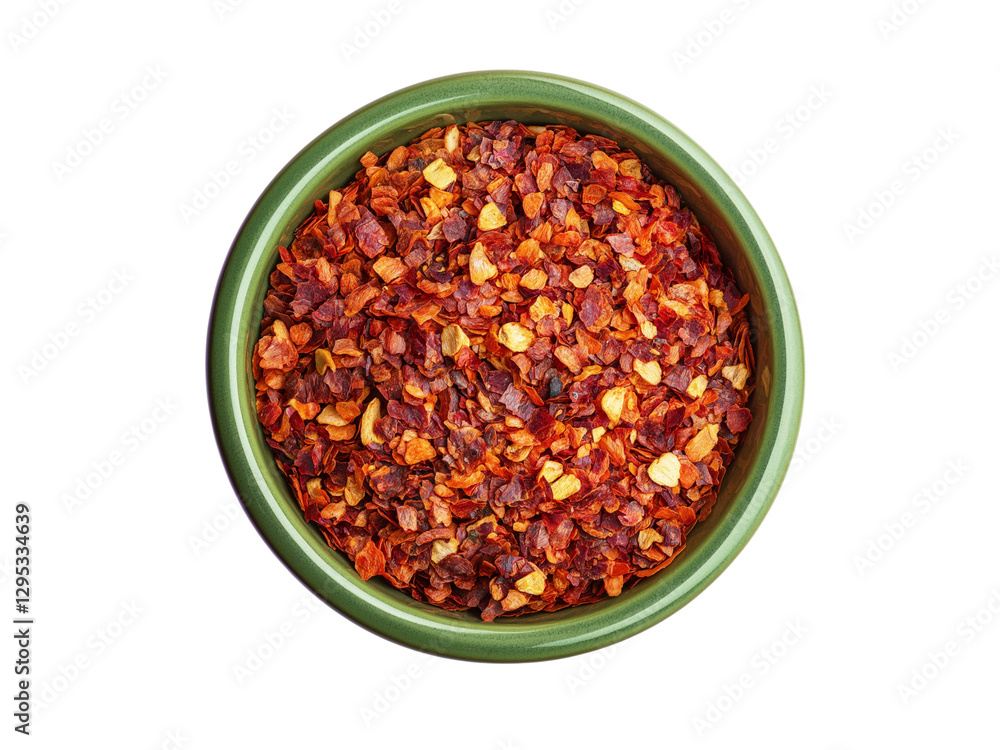 Close up spicy chili red pepper flakes, chopped, milled dry paprika pile in bowl isolated on white, top view Close up spicy chili red pepper flakes, chopped, milled dry paprika pile in bowl isolated on white, top view