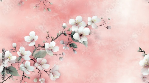 A serene watercolor composition of cherry blossoms and elegant green vines, blending harmoniously on a textured dusty pink canvas, with soft gradients and intricate floral details. --ar 16:9 --tile