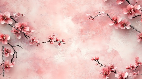 A serene watercolor composition of cherry blossoms and elegant green vines, blending harmoniously on a textured dusty pink canvas, with soft gradients and intricate floral details. --ar 16:9 --tile