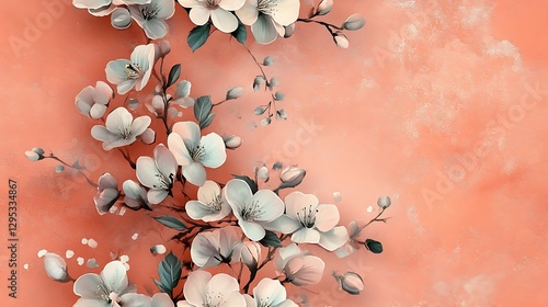 A serene watercolor composition of cherry blossoms and elegant green vines, blending harmoniously on a textured dusty pink canvas, with soft gradients and intricate floral details. --ar 16:9 --tile