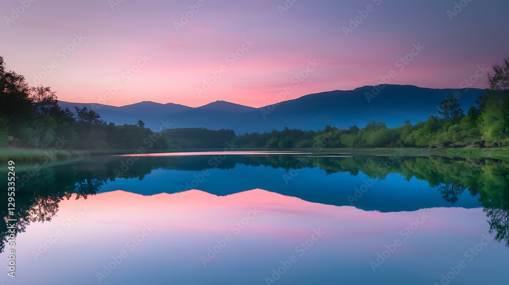 Reflective Tranquility: Captivating scenery of a serene lake mirroring a colorful dawn, embraced by rolling hills and vibrant trees. A peaceful escape where nature's beauty unfolds. Reflective Tranquility: Captivating scenery of a serene lake mirroring a colorful dawn, embraced by rolling hills and vibrant trees. A peaceful escape where nature's beauty unfolds.