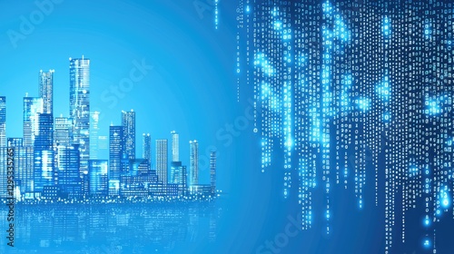 Futuristic city skyline with digital code