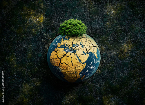 Conceptual depiction of environmental issues with a cracked globe symbolizing a degraded planet and a vibrant tree representing hope for ecological restoration photo