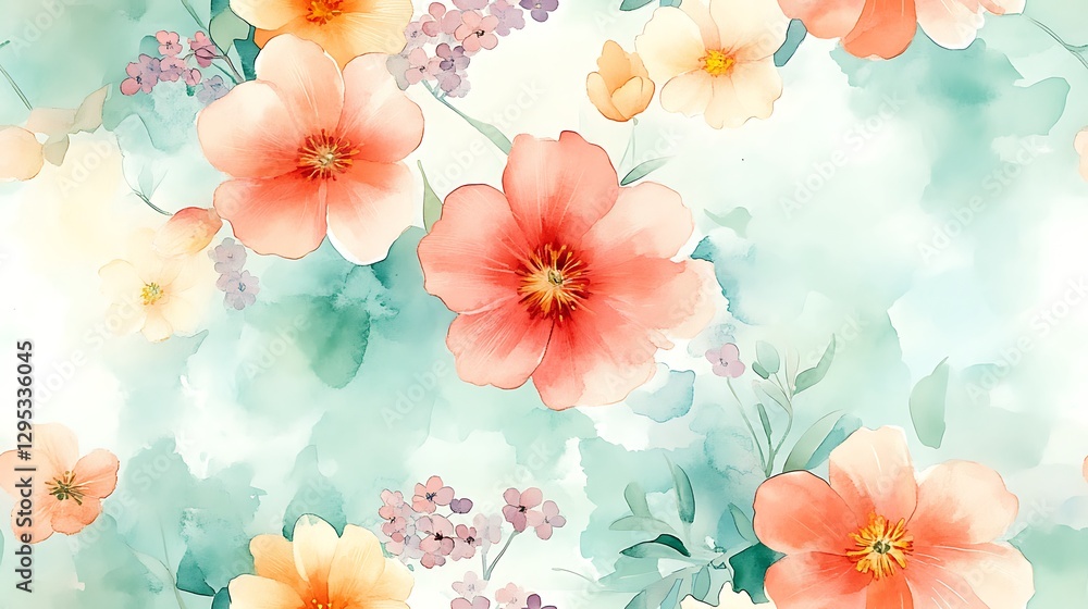 A serene watercolor illustration of spring flowers, featuring a vibrant arrangement of daisies, tulips, and lilacs in pastel hues, set against a pale mint backdrop with gentle color transitions. A serene watercolor illustration of spring flowers, featuring a vibrant arrangement of daisies, tulips, and lilacs in pastel hues, set against a pale mint backdrop with gentle color transitions.