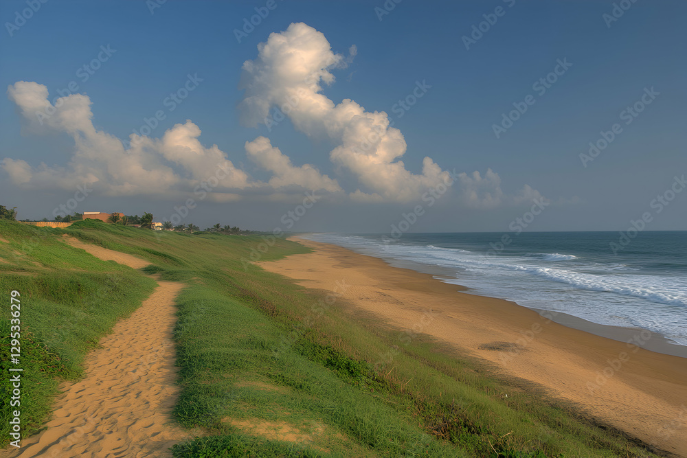 Obraz premium Serene coastal path meanders along sandy beach, lush green dunes under a vibrant blue sky with fluffy clouds. A tranquil escape.