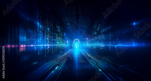 Wallpaper Mural Futuristic blue digital corridor with glowing lines converges toward a luminous padlock at the end, suggesting secure data pathway. Modern and technological. Torontodigital.ca