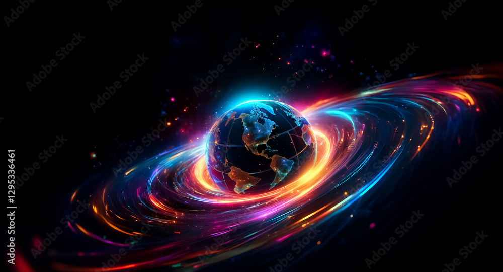 Obraz premium A vibrant planet glows in the dark expanse of space, embraced by luminous, swirling bands of colorful cosmic energy, creating a dynamic scene.