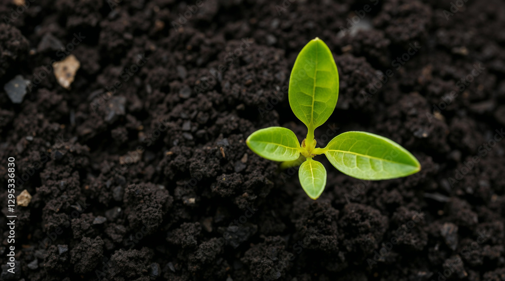 Naklejka premium top view young green sprout growing on soil, saving earth concept