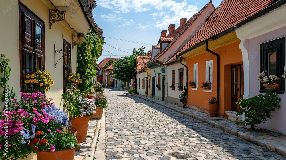 Fototapeta premium Charming Cobblestone Street with Colorful Houses in Sighisoara, Romania