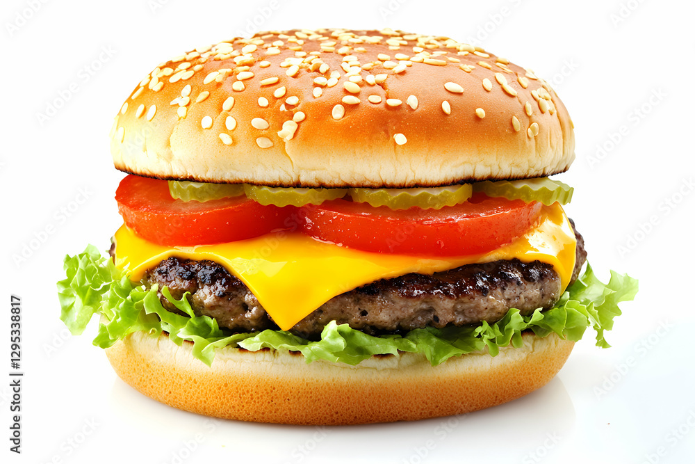 Delicious cheeseburger with fresh ingredients on a white background perfect for menus, promotions, and food blogs emphasizing quality and taste Delicious cheeseburger with fresh ingredients on a white background perfect for menus, promotions, and food blogs emphasizing quality and taste