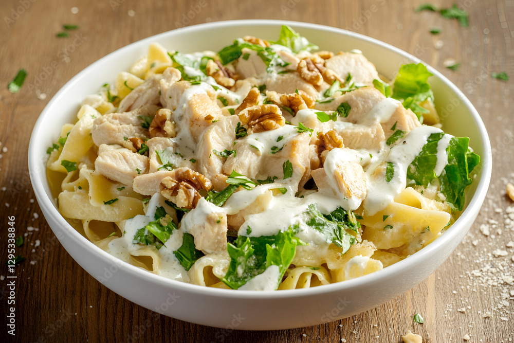 Delicious Chicken Pasta Salad with Creamy Dressing and Walnuts, A Healthy and Flavorful Meal Option for Lunch or Dinner, Ready to be Served on Wooden Table Delicious Chicken Pasta Salad with Creamy Dressing and Walnuts, A Healthy and Flavorful Meal Option for Lunch or Dinner, Ready to be Served on Wooden Table