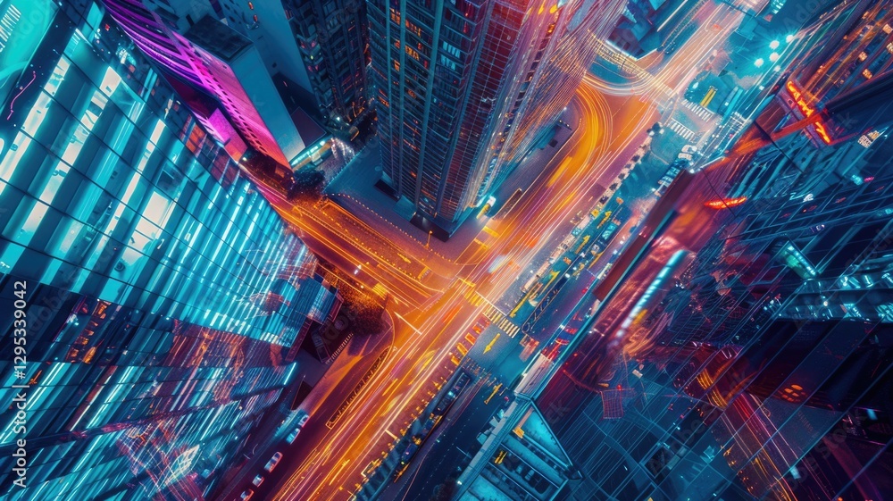 Abstract digital cityscape with glowing neon lights. Digital artwork of cityscape or skyscraper with glowing vibrant color. Futuristic and urban landscape technology innovation concept. Future. AIG53. Abstract digital cityscape with glowing neon lights. Digital artwork of cityscape or skyscraper with glowing vibrant color. Futuristic and urban landscape technology innovation concept. Future. AIG53.