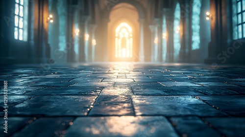 The ancient church bathed in colorful light and shadow in the morning light