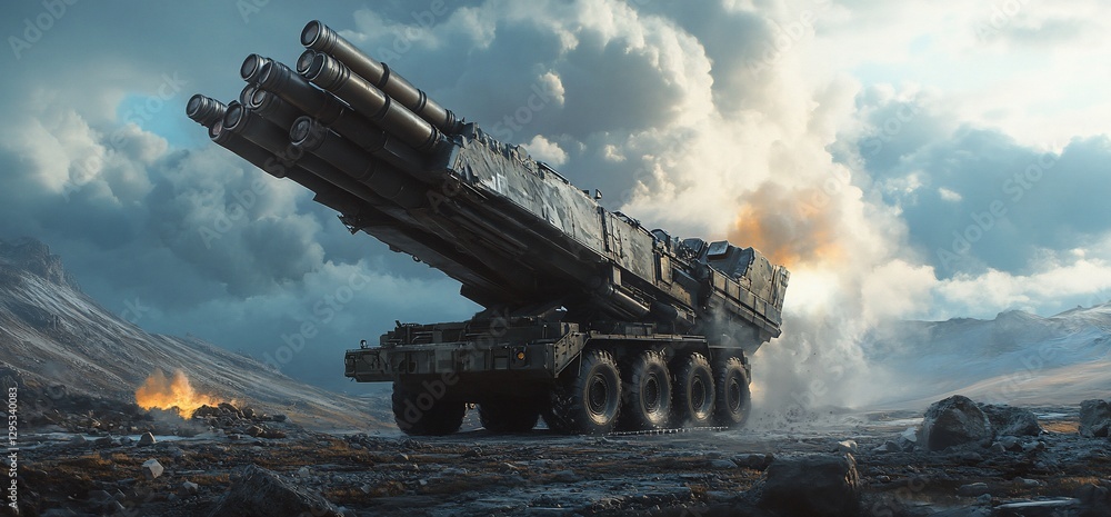 Obraz premium Mobile Rocket Launcher Ready to Strike in a Rugged Mountainous Landscape