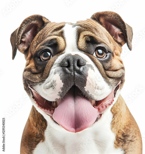 Delightful Bulldog Portrait, A Heartwarming Close-Up of a Happy Puppy with Expressive Eyes and a Playful Tongue on a Clean White Backdrop, Perfect for Pet Lovers photo