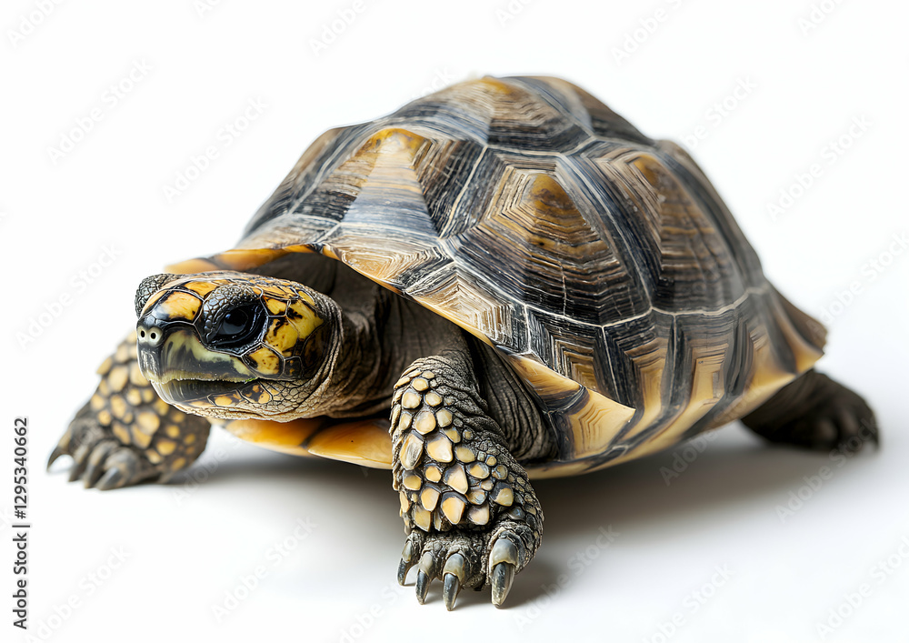 Fototapeta premium Detailed close-up studio shot of a Yellow-footed tortoise against a clean white background, showcasing its textured shell and intricate skin patterns