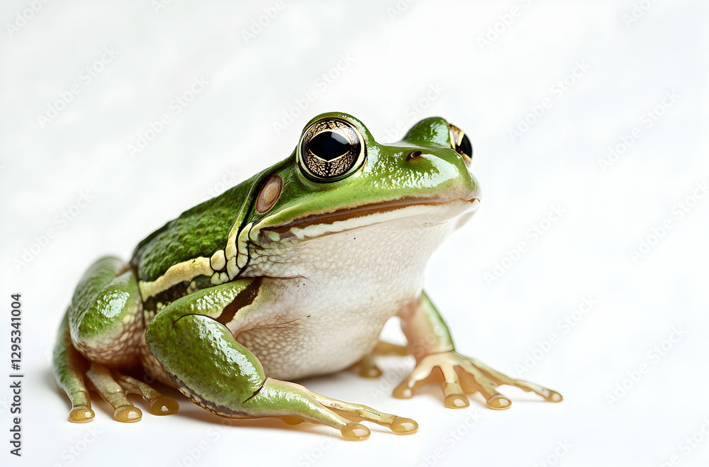 Fototapeta premium Detailed Portrait of a Green Tree Frog with Striking Eyes on a Clean White Background, Capturing the Essence of Wildlife and Natural Beauty
