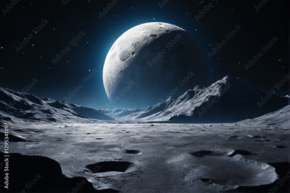Obraz premium Dramatic digital illustration of moon surface with bright blue light, creating aweinspiring scene in dark background.