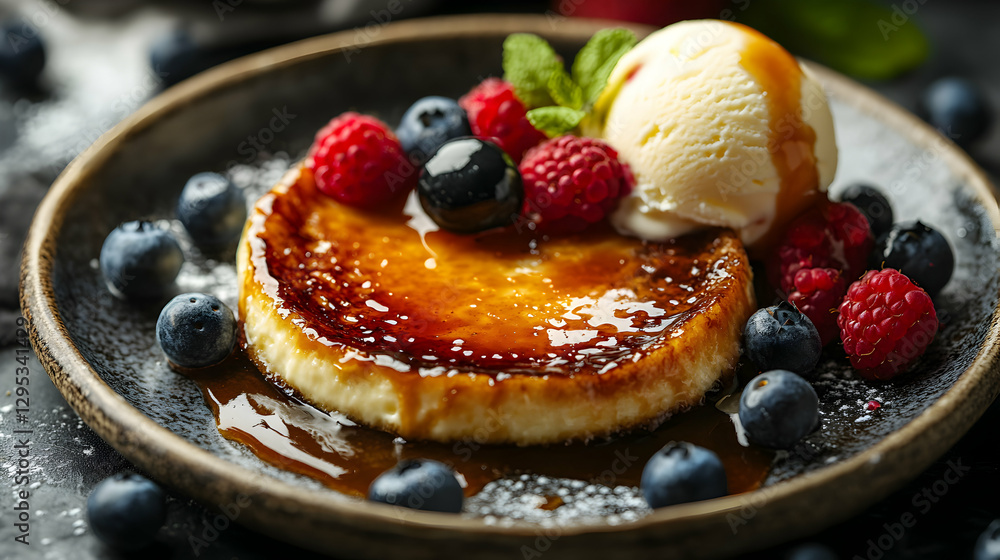 Delicious creme brulee with fresh berries and a scoop of vanilla ice cream dessert Delicious creme brulee with fresh berries and a scoop of vanilla ice cream dessert
