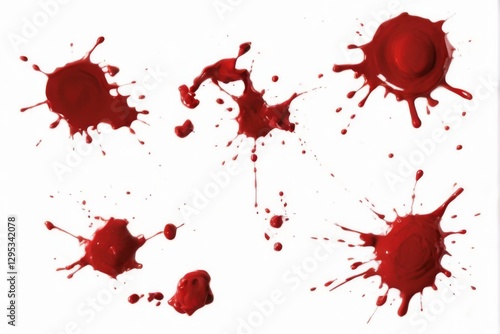 Vibrant red paint splashes in various sizes and shapes on white background, creating a dynamic and eyecatching focal point.
