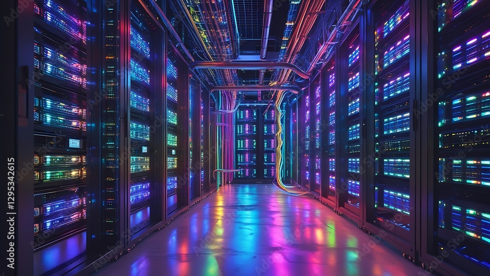 Futuristic Neon-Lit Data Center with Glowing Servers & High-Tech Network Equipment Futuristic Neon-Lit Data Center with Glowing Servers & High-Tech Network Equipment