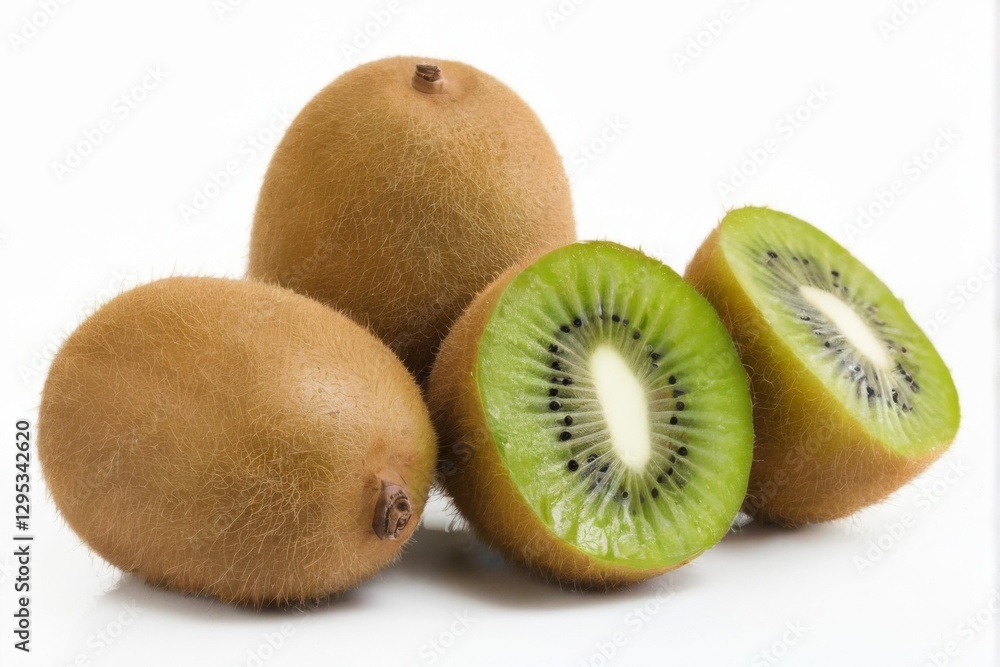 Fresh whole and halved kiwi fruits on white background with beautiful texture and vibrant colors, arranged overlapping creatively. Fresh whole and halved kiwi fruits on white background with beautiful texture and vibrant colors, arranged overlapping creatively.