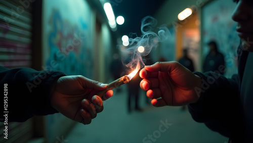 A close-up of two hands exchanging a lit blunt in a smoky, neon-lit alley, surrounded by graffiti and a blurred background of city lights and urban shadows. photo