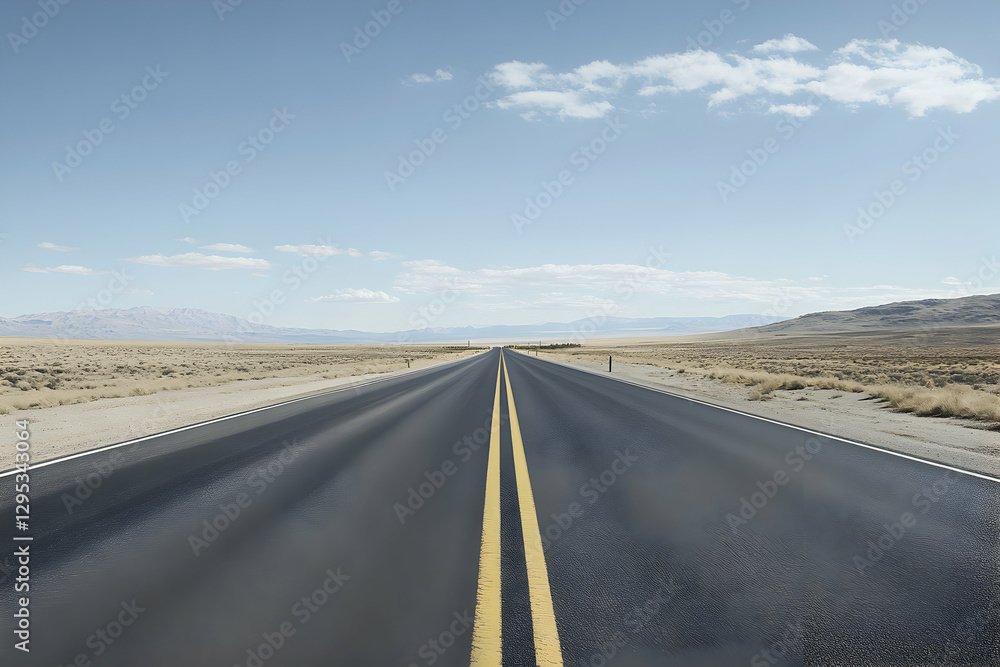 Driving on the Loneliest Road in America, A Straight Asphalt Highway Cutting Through the Nevada Desert Under a Vast Blue Sky, Inspiring Wanderlust
