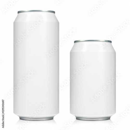 Two tall white aluminum beverage cans with blank labels, standing upright on a white background  3D rendering.