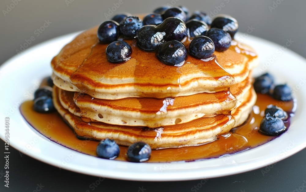 Delicious stack of fluffy pancakes topped generously with fresh blueberries and a dusting of powdered sugar Delicious stack of fluffy pancakes topped generously with fresh blueberries and a dusting of powdered sugar